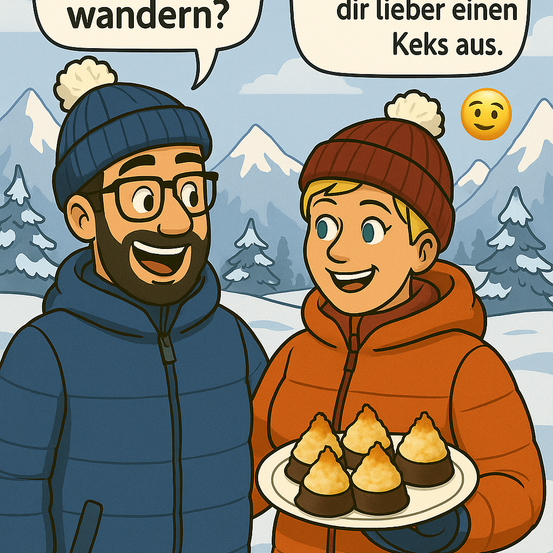 Zwei Männer in Winterkleidung sind draußen. Einer bietet dem anderen einen Teller mit Backwaren an. Der mit dem Teller lächelt, während der andere fragt, ob sie wandern gehen sollen.