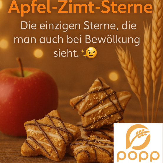 Apfel-Zimt-Sterne mit einem roten Apfel, goldenem Weizen und einem lächelnden Emoji. Der Text lautet Apfel-Zint-Sterne. Das Bild wird von Popp gesponsert.