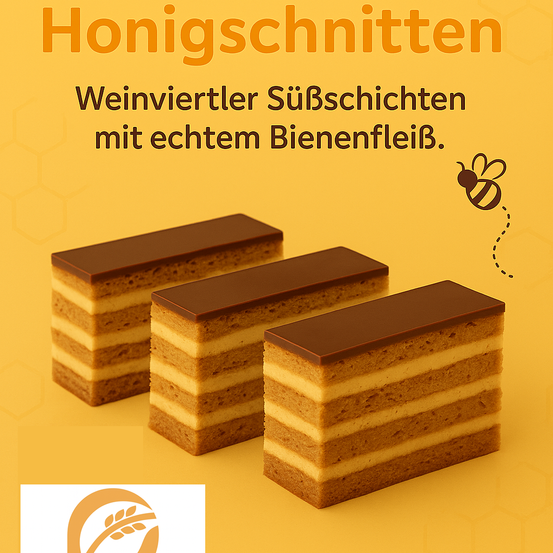 Drei Honigschnitten, die auf einem gelben Hintergrund gestapelt sind, mit einem Bienensymbol auf der rechten Seite. Darüber steht der Text 'Weinviertler Süßschichten mit echtem Bienenfleib.' Ein Logo befindet sich unten links.
