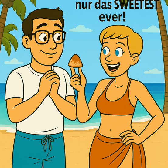 Ein Mann und eine Frau stehen am Strand, beide halten ein braunes Objekt. Der Mann trägt eine Brille und ein weißes T-Shirt. Die Frau ist in einem braunen Bikini und hat einen Handtuch um die Taille. Dahinter steht der Text 'nur das SWEETEST ever!'.
