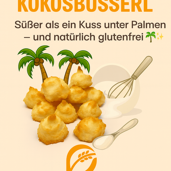 Eine Werbung für Kokosmakronen mit einer tropischen Palme und Schneebesen. Der Text lautet: 'Süßer als ein Kuss unter Palmen - und natürlich glutenfrei.'