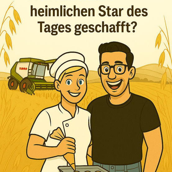 Eine Karikatur zeigt einen lächelnden Koch und einen Mann, der in einem Weizenfeld steht, mit einem Mähdrescher im Hintergrund. Der Text lautet 'Ist der geheime Star des Tages erreicht worden?'.
