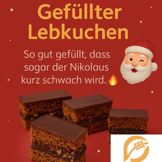 Eine Werbung für gefüllte Lebkuchen. Der Weihnachtsmann ist abgebildet, lächelt und umgeben von Sternen. Der Text lautet 'So gut gefüllt, dass sogar der Nikolaus kurz schwach wird.' Vier Lebkuchen sind zu sehen.