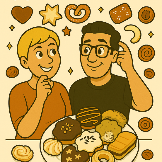 Zwei Personen, ein Junge und ein Mann, sitzen an einem Tisch mit verschiedenen Gebäcksorten, darunter Donuts, Kekse und Brot. Der Junge hält einen Donut, und der Mann kratzt sich am Kopf.