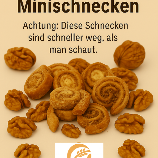 Eine Werbung für Mini-Schnecken-Süßigkeiten. Es zeigt einen Haufen walnussförmiger Snacks mit der Warnung, dass sie schneller gegessen werden als erwartet.