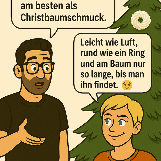 Eine Illustration von zwei Menschen. Ein Mann spricht mit einem Jungen. Der Mann hat eine Sprechblase, die einen Donut beschreibt, der so leicht wie Luft, rund wie ein Ring ist und nur so lange dauert, bis man ihn findet.