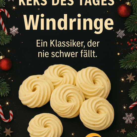 Das Bild zeigt einen weihnachtlich dekorierten Nachtisch, Windringe, auf dunklem Hintergrund. Umgeben von Elementen wie Schneeflocken, Sternen und Weihnachtskugeln. Der Nachtisch wird als Klassiker beschrieben, der leicht zuzubereiten ist.