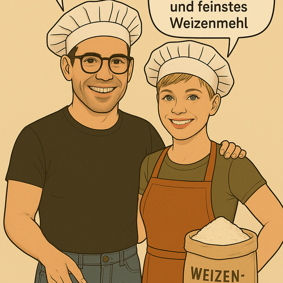 Eine Illustration zeigt einen lächelnden Mann und eine Frau in Kochmützen. Die Frau hält einen Sack Weizenmehl. Der Mann hat seinen Arm um ihre Schulter gelegt.