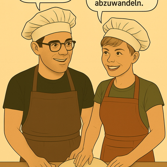 Zwei Köche lächeln, einer rollt Teig, während der andere zusieht. Ein Sprechblase über ihnen sagt 'abzuwandeln'.
