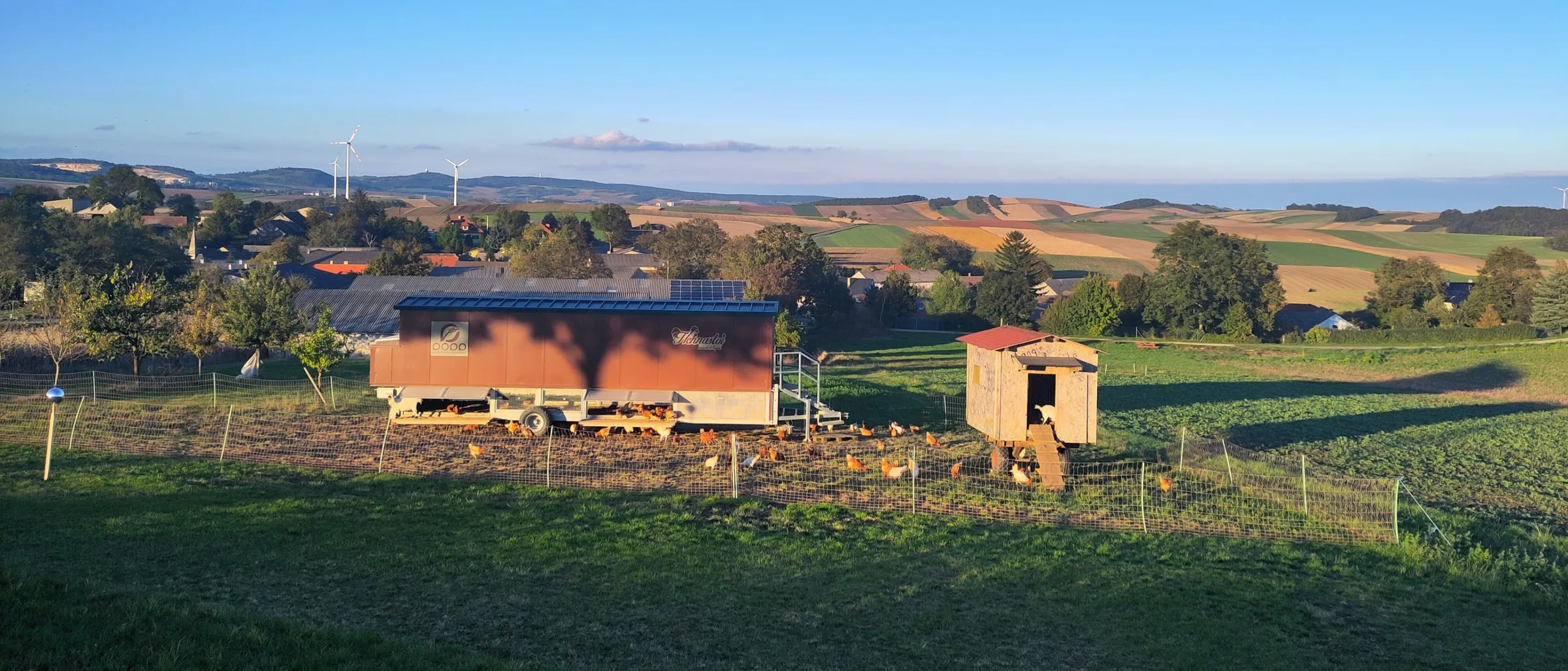 Ein Blick auf einen Bauernhof mit einem mobilen Hühnerstall, einem kleinen Stall und vielen Hühnern. Die Landschaft ist ländlich mit Feldern, Bäumen und Windturbinen in der Ferne.
