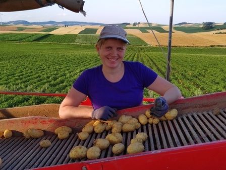 Eine Frau in einem lila Shirt und Hut lächelt und hält Kartoffeln auf einer roten Maschine. Der Hintergrund zeigt ein weites grünes Feld und ein goldenes Feld.