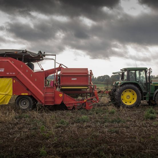 Eine rote Erntemaschine wird von einem grünen Traktor auf einem Feld unter einem stürmischen Himmel gezogen.