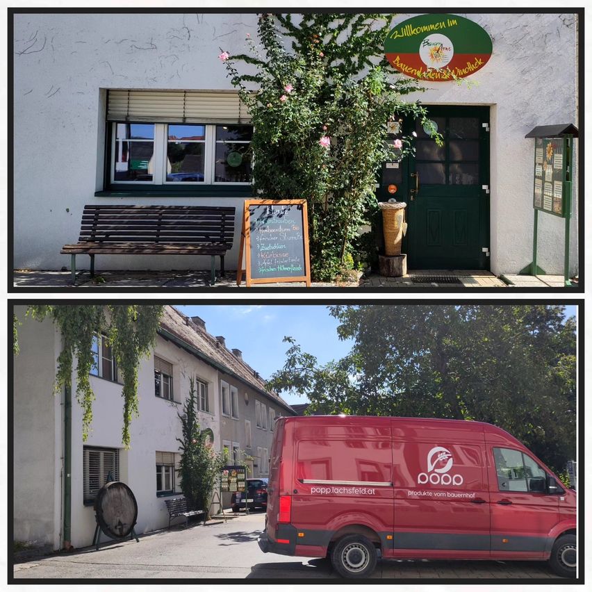 Zwei Bilder eines Hauses mit Garten und einem roten Van. Das erste Bild zeigt ein weißes Haus mit einer Bank, einer Tafel und einer grünen Tür. Das zweite Bild zeigt einen roten Van mit dem Wort 'Popp' darauf.