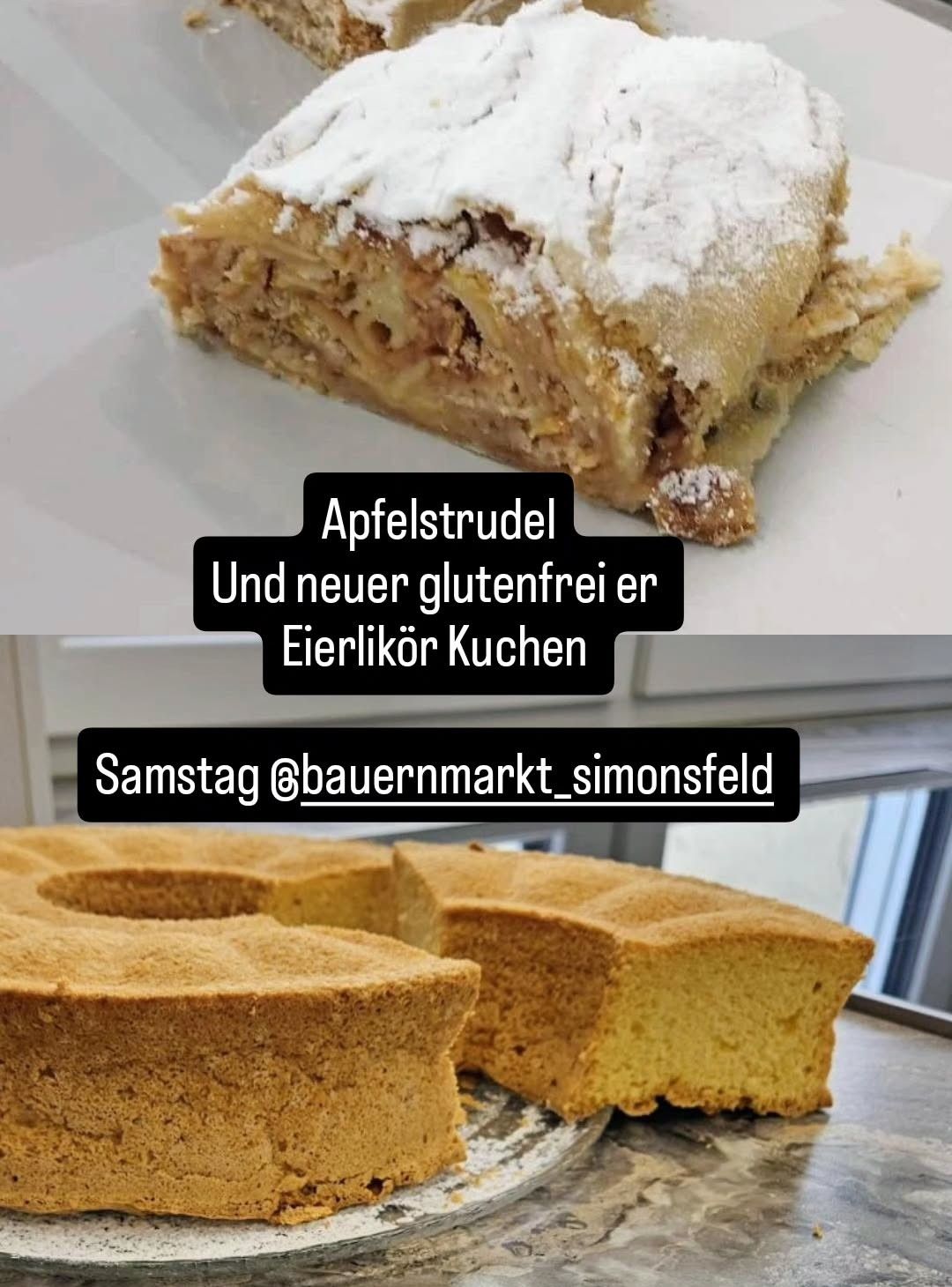 Zwei Desserts auf einem weißen Teller und auf einem Tisch, eines mit einem Stück Apfelstrudel und das andere ein glutenfreier Kuchen. Überlagerter Text auf Deutsch.