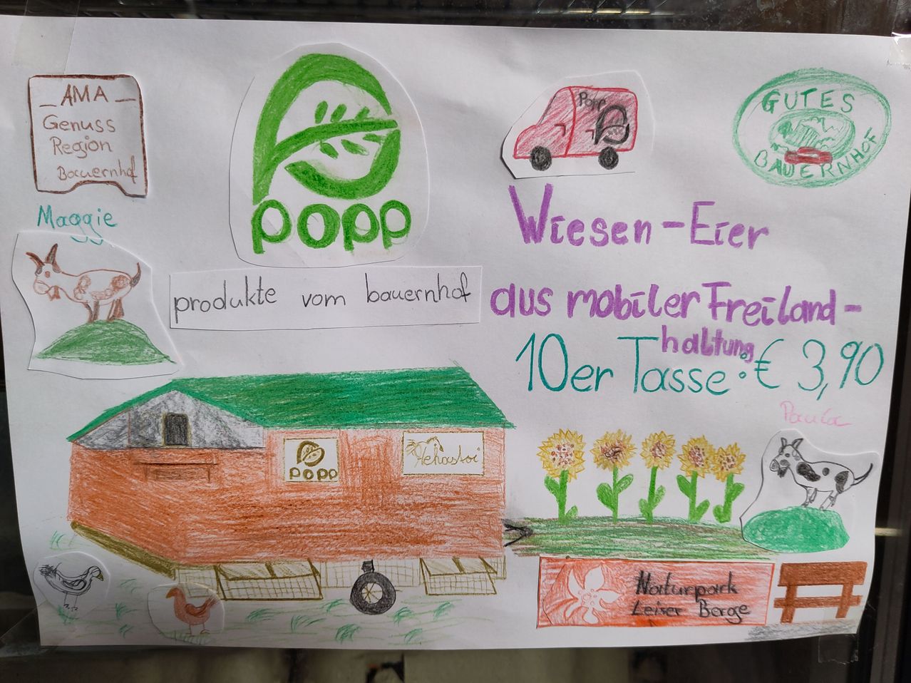 Ein buntes Plakat mit einer Zeichnung eines Bauernhofs mit grünem Dach, Hühnern und einem roten Van. Es steht Popp und Wiesen-Eier aus mobiler Freilauf. Der Preis beträgt 10 Euro pro Korb.