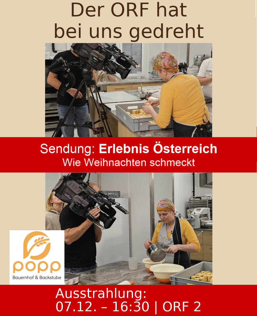 Ein Video, das Menschen beim Backen zeigt, mit einem Textüberlager, der 'Erlebnis Österreich: Wie Weihnachten schmeckt' lautet. Das Video zeigt einen Mann, der eine Frau beim Backen filmt.