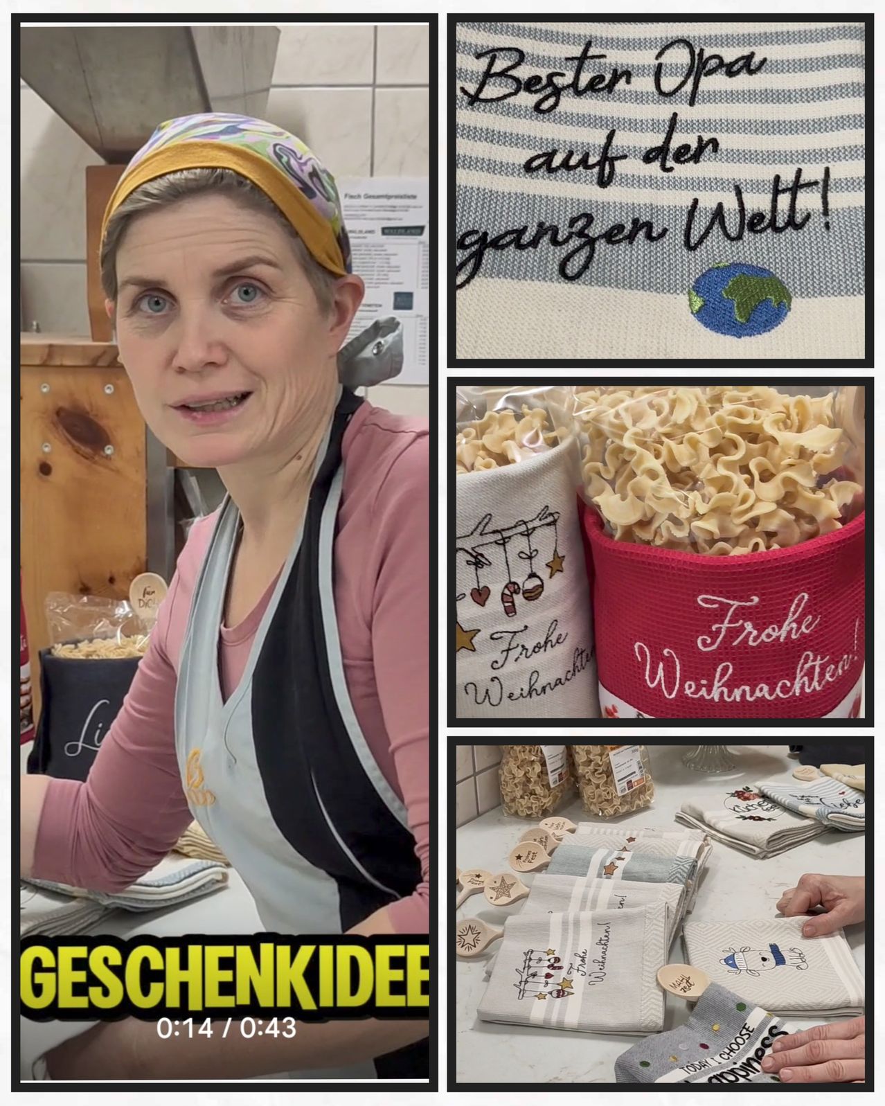 Eine Collage von Bildern mit einer Frau in der Küche, einer Schüssel mit Nudeln und dekorativen Küchenhandtüchern. Die Frau trägt eine Kopfbinde und eine Schürze. Im Hintergrund steht ein Holzschrank und ein Schild. Die Bildunterschrift lautet 'GESCHENKKIDEE'.