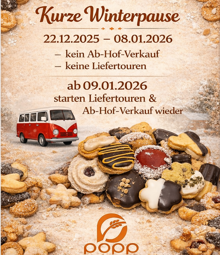 Plakat, das eine kurze Winterpause vom 22.12.2025 bis 08.01.2026 ankündigt. Keine Abholtouren und Lieferungen. Lieferungen und Abholtouren beginnen am 09.01.2026.