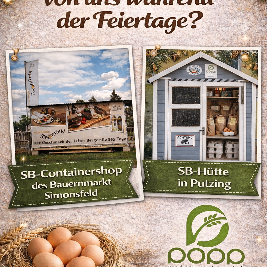 Das Bild zeigt zwei Werbematerialien für Simonsfeld. Das erste Bild zeigt einen Lebensmittelstand mit frischen Produkten und einem Banner. Das zweite Bild zeigt ein kleines Haus mit Eiern und Produkten im Inneren. Beide Bilder haben den Text 'Simonsfeld' und ein Logo.