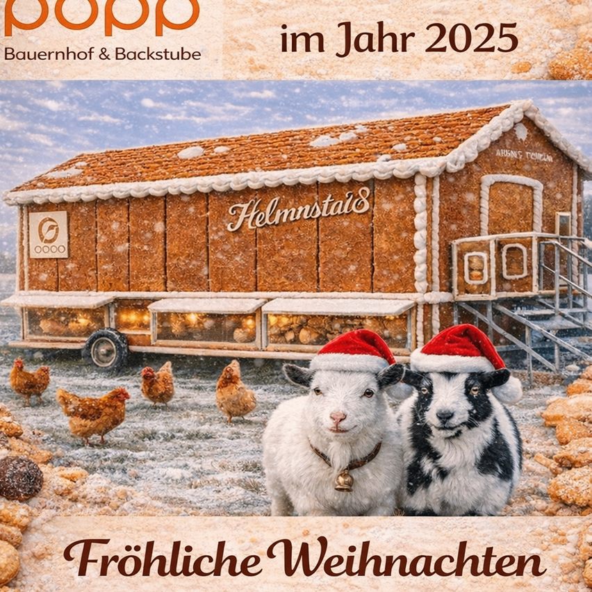 Postkarte mit einem Lebkuchenhaus, mit Ziegen in Weihnachtsmützen, mit Hühnern und einer verschneiten Szene. Der Text lautet 'Frohe Weihnachten' auf Deutsch und 'im Jahr 2025' darüber.