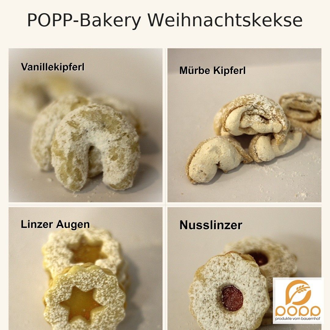 Das Bild zeigt vier Arten von Weihnachtskeksen, jeweils mit ihrem Namen auf Deutsch. Von links nach rechts sind die Kekse: Vanillekipferl, Mürbe Kipferl, Linzer Augen und Nussslinzer.