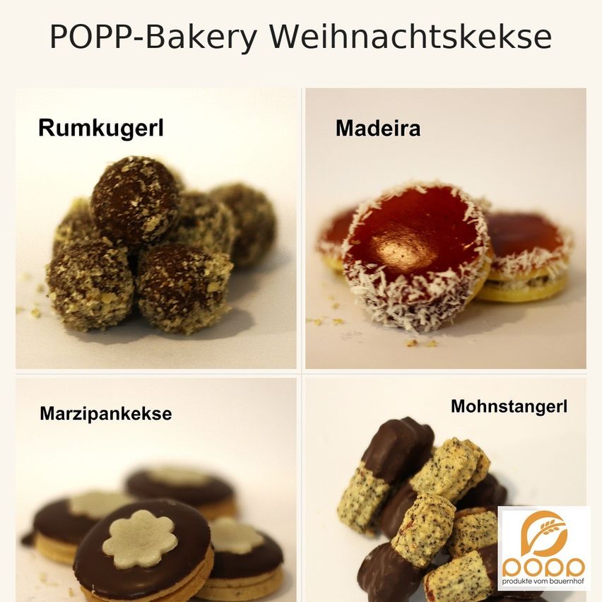 Eine Collage aus vier Bildern, die verschiedene Arten von POPP-Bäckerei-Weihnachtskekse zeigt. Von links nach rechts und oben nach unten: Rumkugel, Madeira, Marzipankekse und Mohnstangerl. Jede Art ist mit einem Label darüber angezeigt.