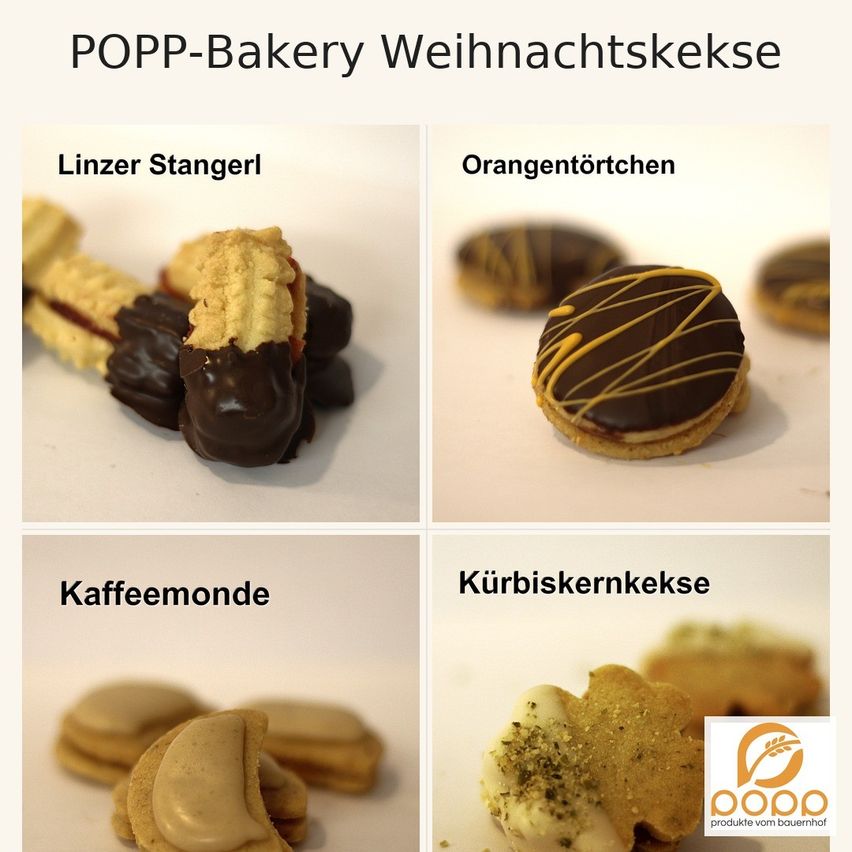 Das Bild zeigt eine Auswahl an Weihnachtskeksen von POPP-Bakery, darunter Linzer Stangerl, Orangentörtchen, Kaffeemonde und Kürbiskernkekse. Jede Keksart ist in einem separaten Bild dargestellt und zeigt ihre einzigartige Erscheinung und Präsentation.