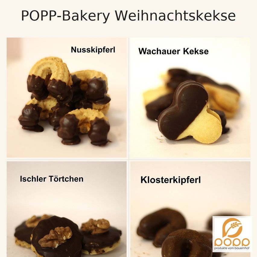 Das Bild zeigt vier Arten von Weihnachtskeksen. Der erste ist 'Nusskipferl', kleine Gebäckstücke mit Schokoladenüberzug. Der zweite ist 'Wachau Kekse', herzförmige Kekse mit Schokoladenglasur. Der dritte ist 'Ischler Törtchen', Schokoladenüberzogene Gebäckstücke mit Walnüssen. Der vierte ist 'Klosterkipferl', Schokoladenüberzogene Kekse.