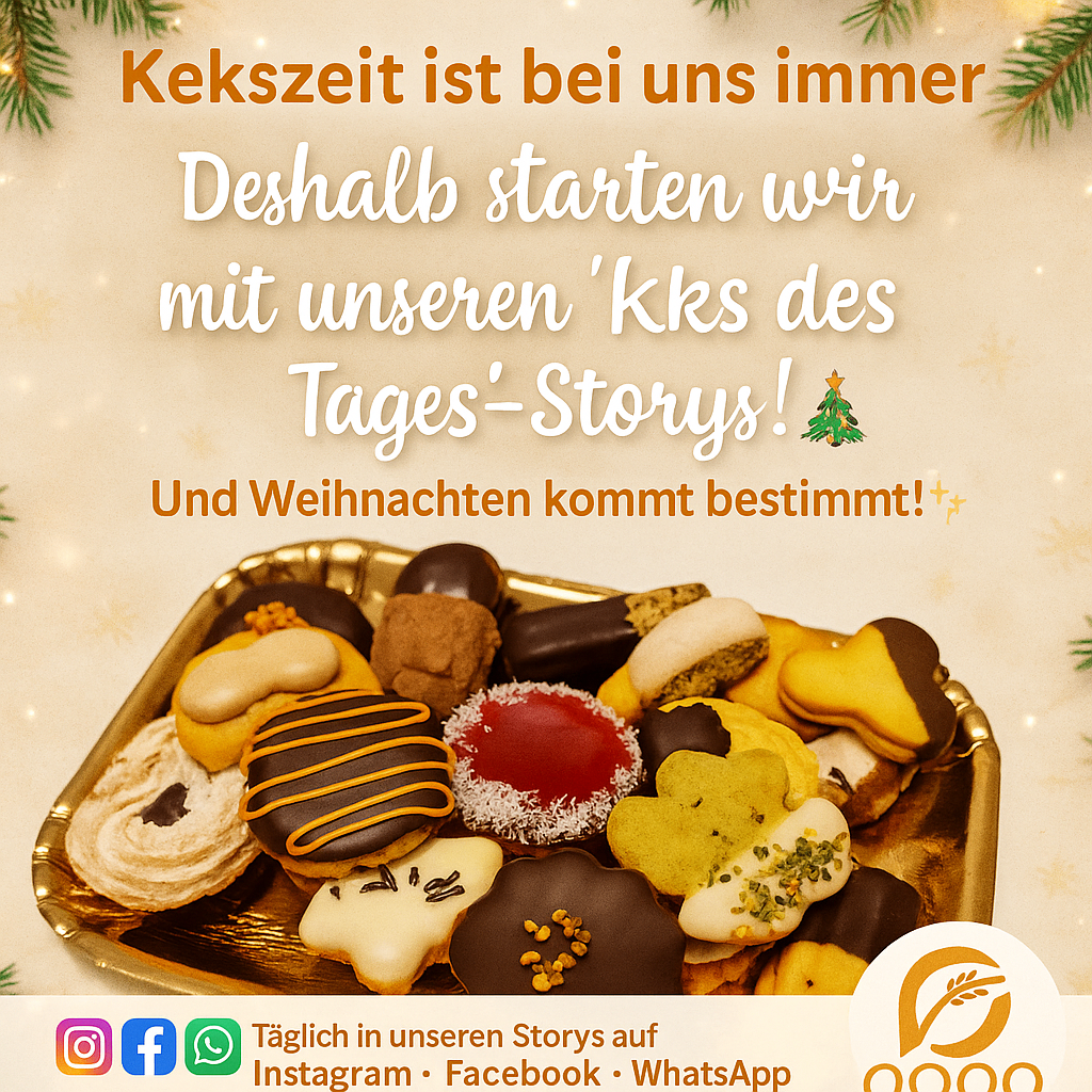 Ein goldener Keksteller voller Schokoladen und Kekse mit einem deutschen Text. Unten stehen Social-Media-Symbole und ein Logo. Der Text lautet 'Kekszeit ist bei uns immer'. Der Beitrag ist eine festliche Werbung.