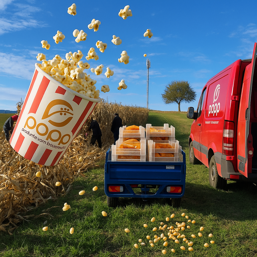 Ein riesiger Popcorneimer schüttet seinen Inhalt in die Luft in der Nähe eines blauen Anhängers und eines roten Lieferwagens mit dem Wort 'popo' darauf.