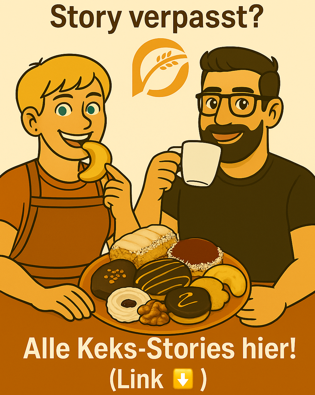 Eine Illustration zeigt zwei Männer, die an einem Tisch mit verschiedenen Gebäcksorten und Kaffee sitzen. Der Mann auf der linken Seite lächelt, während er ein Gebäck isst. Der Mann auf der rechten Seite hält eine Tasse Kaffee und lächelt. Der Tisch ist mit verschiedenen Arten von Backwaren bedeckt.
