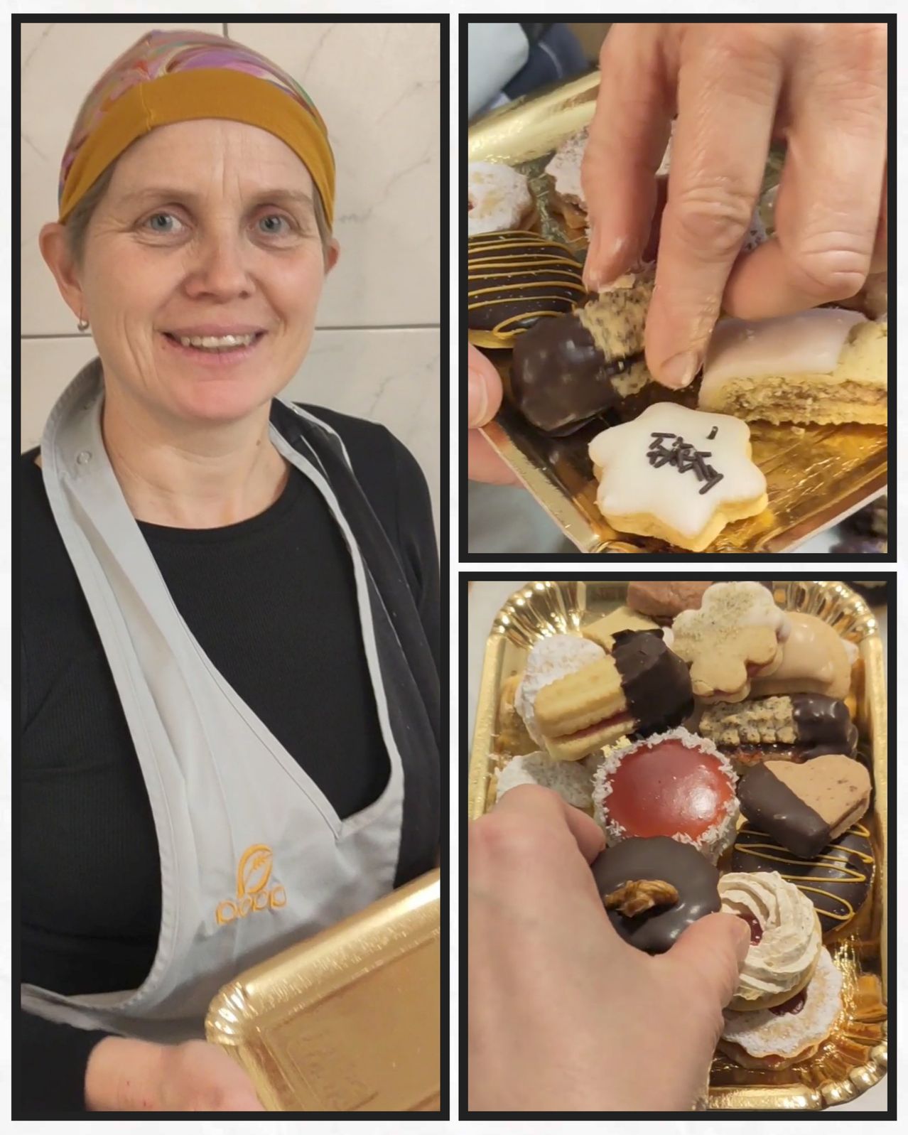 Eine Frau mit gelbem Kopfband und weißer Schürze lächelt. Zwei Tabletts halten verschiedene Desserts, eines mit einer Hand, die ein Gebäck platziert.
