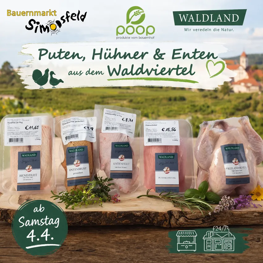 Werbung für Waldland Geflügelprodukte von Bauernmarkt Simonsfeld. Es zeigt eine ländliche Szene, verschiedene Geflügelarten und ein grünes Herzsymbol. Preise und Beschreibungen sind angegeben.
