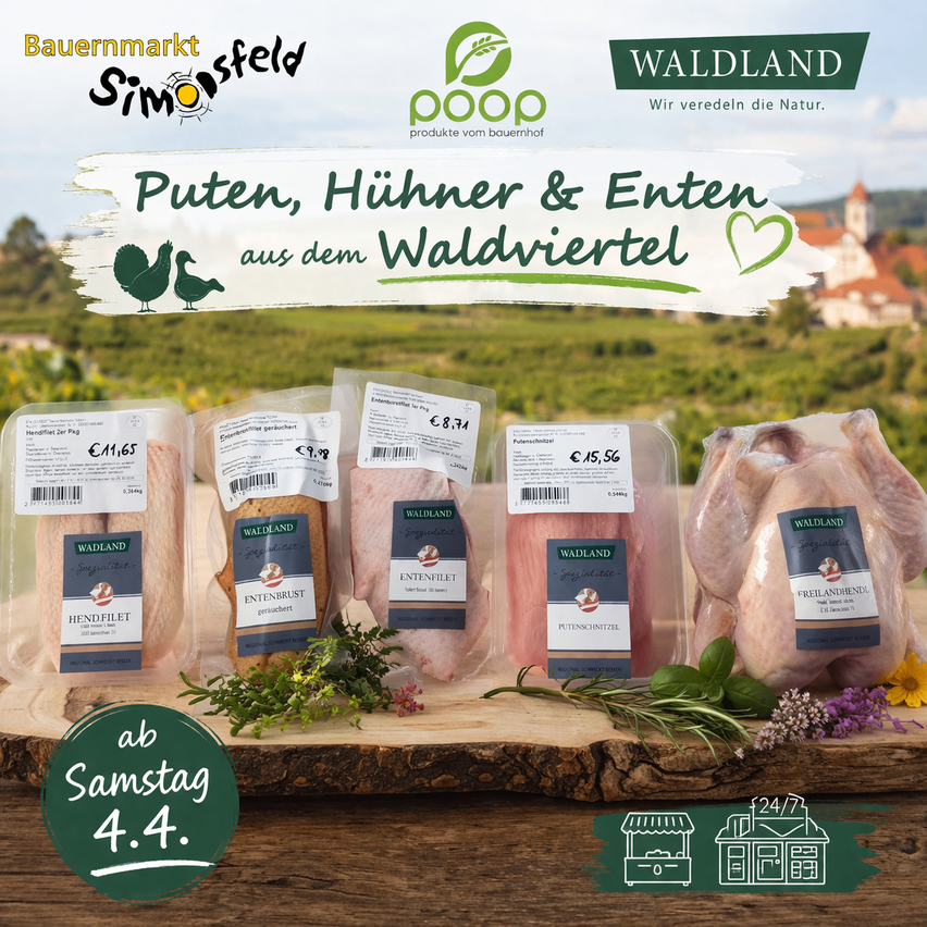 Werbung für Waldland Geflügelprodukte von Bauernmarkt Simonsfeld. Es zeigt eine ländliche Szene, verschiedene Geflügelarten und ein grünes Herzsymbol. Preise und Beschreibungen sind angegeben.