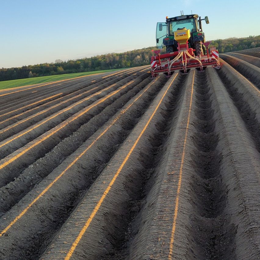 Ein Traktor pflügt ein Feld mit parallelen Erdreihen. Der Traktor hat gelbe und rote Ausrüstung, und das Feld ist von Bäumen umgeben.