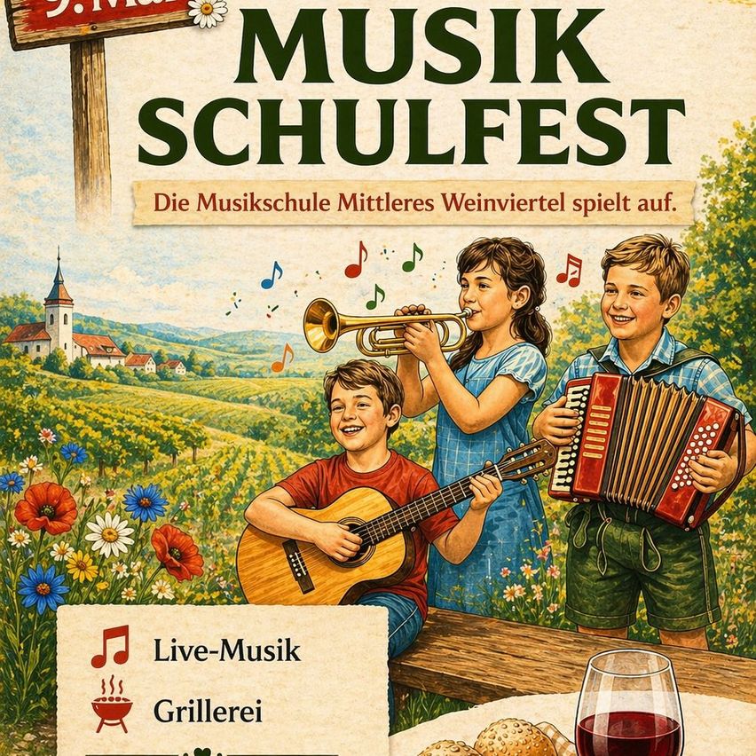 Plakat für ein Musikschulfest mit Kindern, die Instrumente spielen, einem Schild und einem Glas Wein.