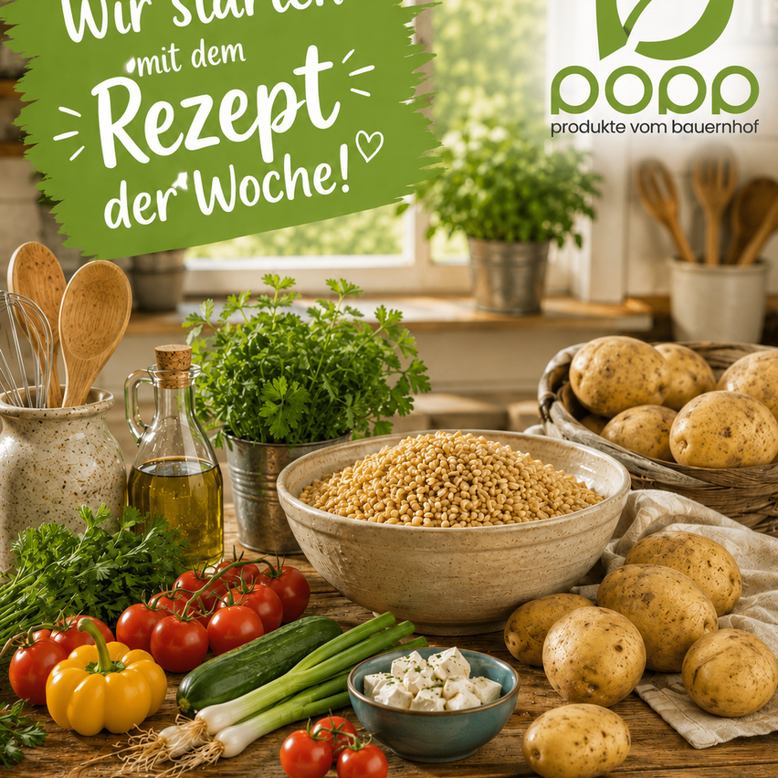Ein Tisch mit verschiedenen Gemüsesorten, Getreide und Kräutern, mit einem Korb voller Kartoffeln und einer Ölflasche im Hintergrund, und ein grüner Banner mit dem Text 'Wir starten mit dem Rezept der Woche!' in der oberen linken Ecke.