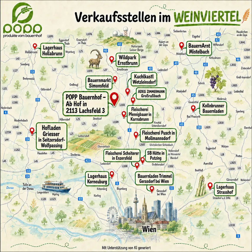 Eine Karte von Weinviertel, Österreich, die verschiedene Bauernhofstandorte und Sehenswürdigkeiten hervorhebt. Die Karte ist farbenfroh und detailliert und zeigt die Standorte von Bauernmärkten, Weinbergen und anderen interessanten Orten.