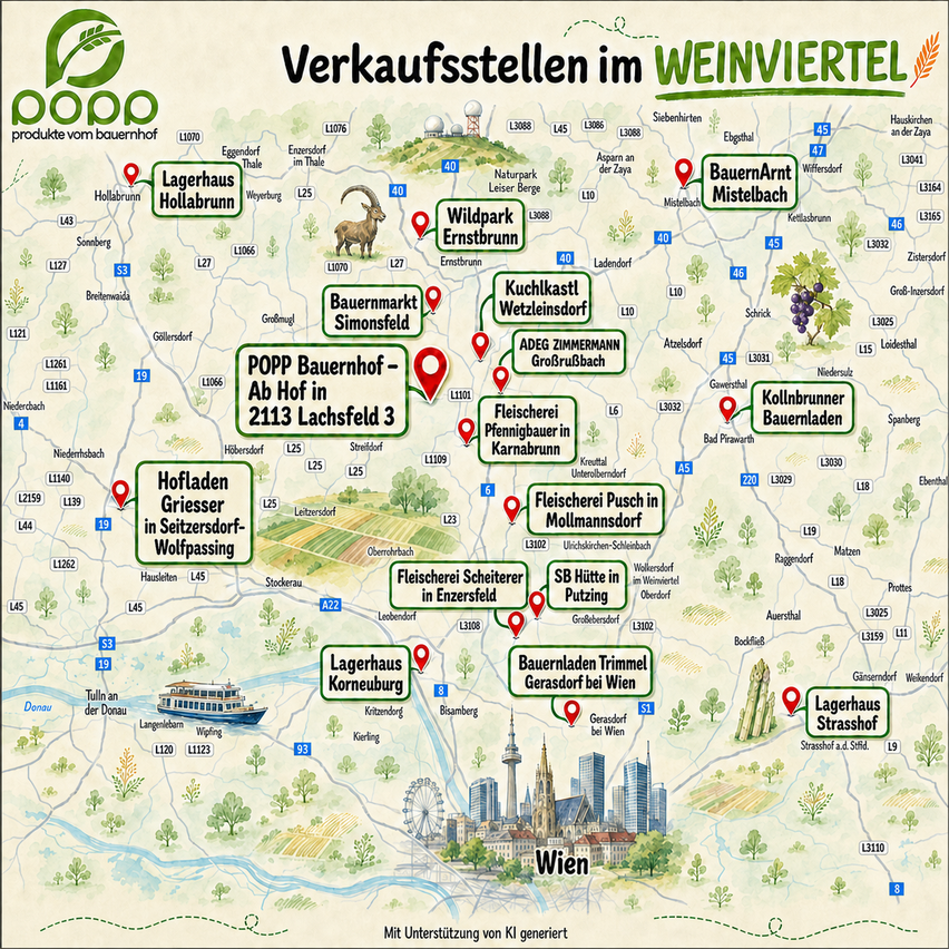 Eine Karte von Weinviertel, Österreich, die verschiedene Bauernhofstandorte und Sehenswürdigkeiten hervorhebt. Die Karte ist farbenfroh und detailliert und zeigt die Standorte von Bauernmärkten, Weinbergen und anderen interessanten Orten.