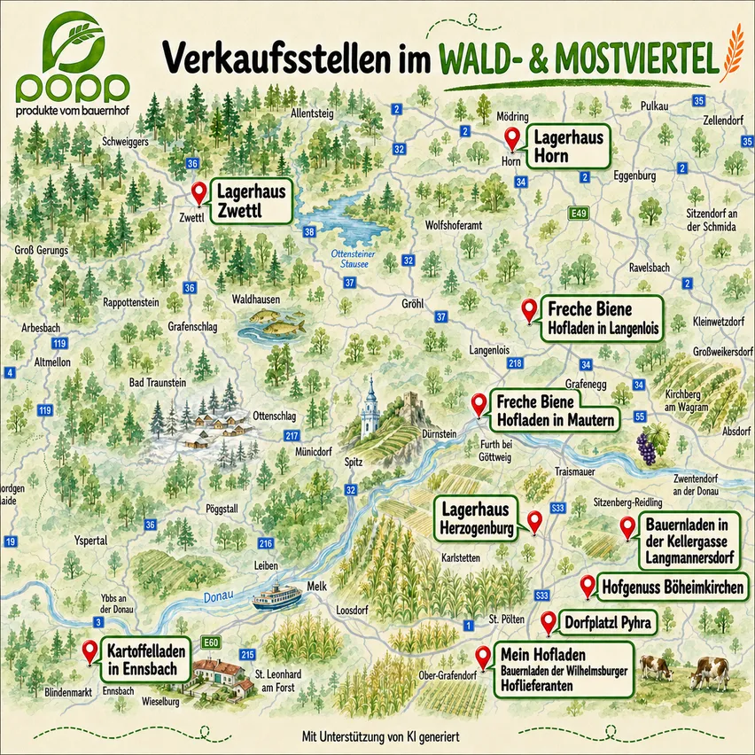 Eine Karte, die verschiedene Orte in der Region Wald- und Mostviertel in Österreich hervorhebt, mit speziellen Sehenswürdigkeiten wie Lagerhaus Horn, Freche Biene Hofladen in Langenlois und anderen. Die Karte zeigt einen Fluss, Wälder und Städte.