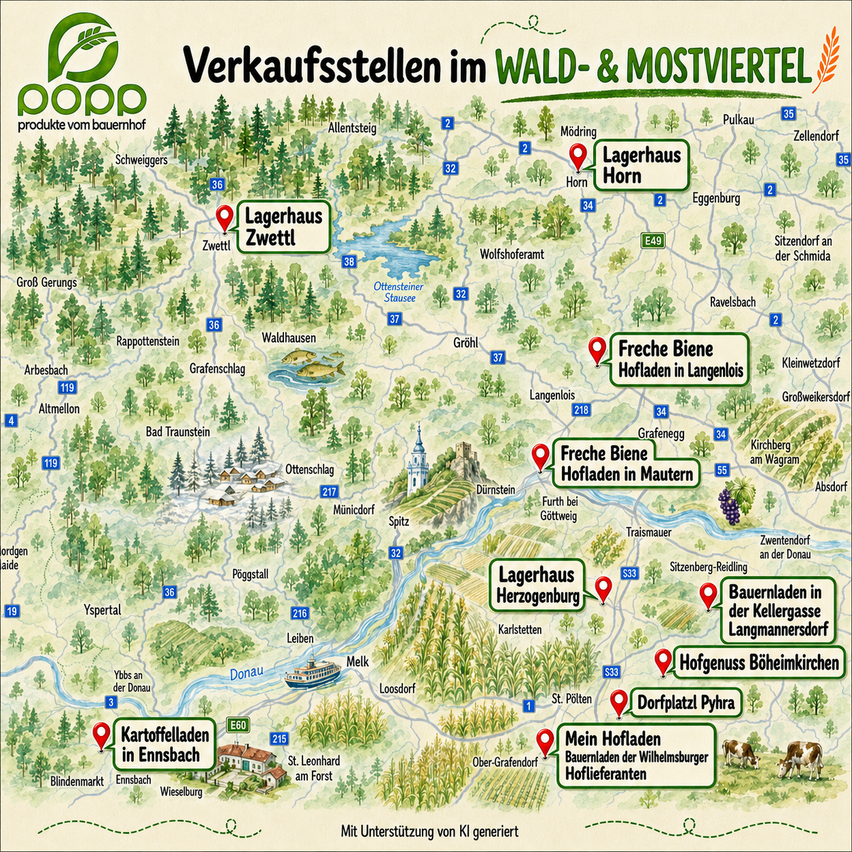 Eine Karte, die verschiedene Orte in der Region Wald- und Mostviertel in Österreich hervorhebt, mit speziellen Sehenswürdigkeiten wie Lagerhaus Horn, Freche Biene Hofladen in Langenlois und anderen. Die Karte zeigt einen Fluss, Wälder und Städte.