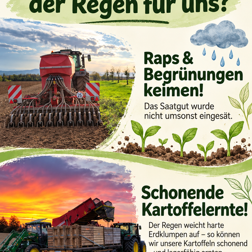 Ein Infografik zeigt einen roten Traktor auf einem Feld mit Text über Regen und Pflanzen. Der obere Abschnitt zeigt einen Traktor mit dem Text 'Raps & Begrünungen kommen!' und einer Wolke mit Regen. Der untere Abschnitt zeigt einen Sonnenuntergang mit dem Text 'Schöne Kartoffelernte!' und einem Traktor, der Kisten belädt.
