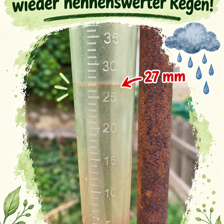 Ein Regenmesser zeigt 27 mm Niederschlag mit einem bewölkten Himmel und Regentropfen im Hintergrund.
