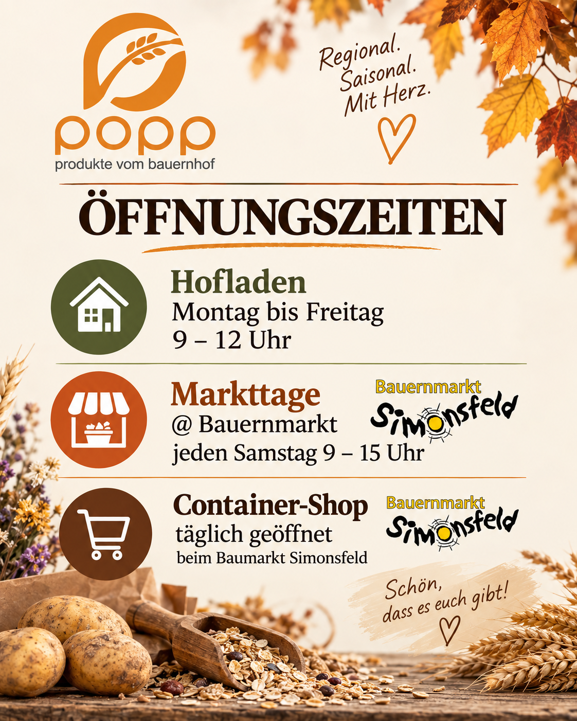Ein Werbeplakat für Popp-Produkte vom Bauernhof. Es zeigt Öffnungszeiten für den Hofladen, Markttage im Bauernmarkt Simonsfeld und tägliche Öffnung des Container-Shops.
