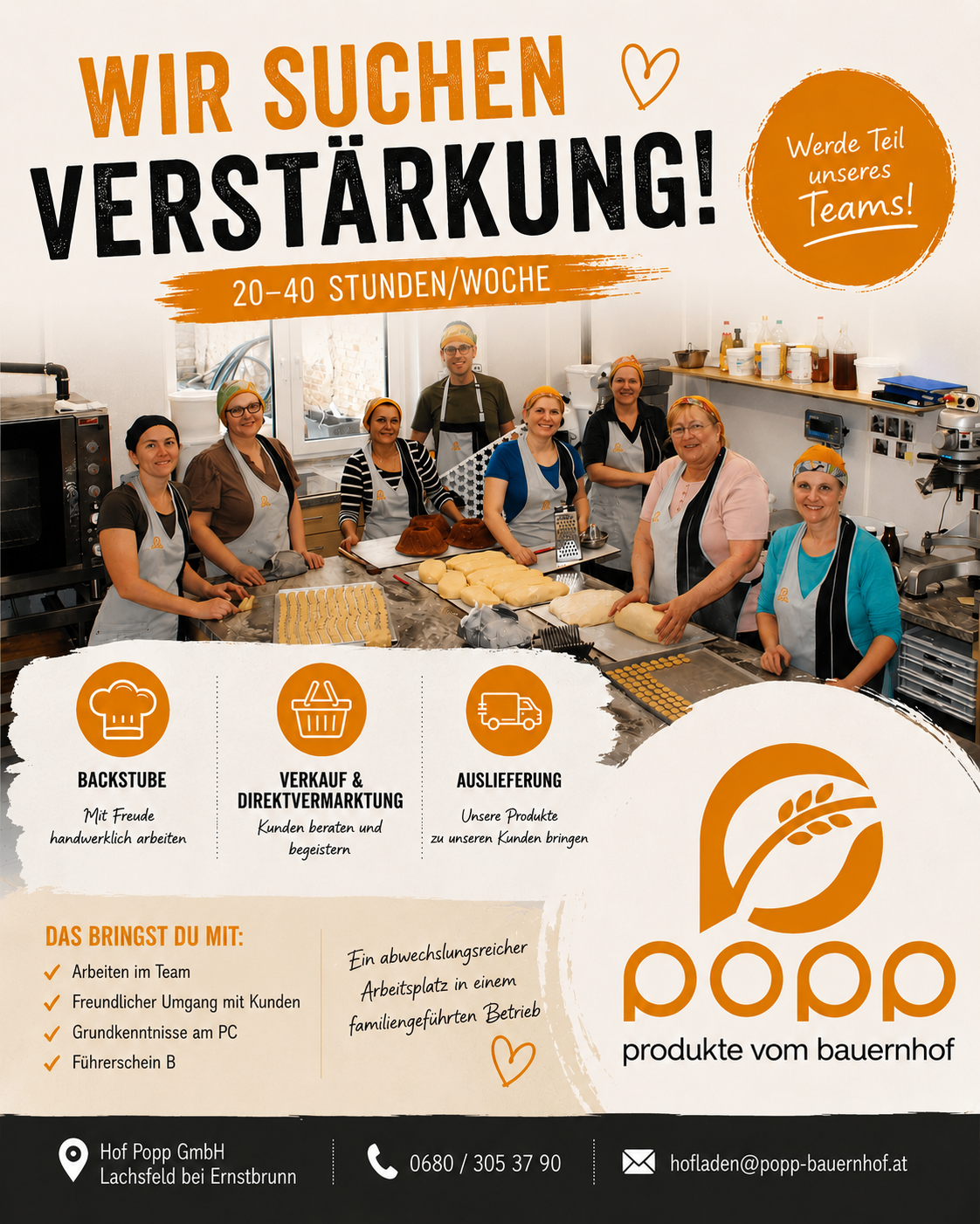 Ein Plakat für eine Team-Rekrutierung bei 'Verstärkung!' Bäckerei mit Bildern von Mitarbeitern bei der Arbeit, die eine Teamposition mit flexiblen Arbeitszeiten, Teamarbeit und Computerkenntnissen anbietet. Es hebt die Vorteile hervor, in einer freundlichen Umgebung zu arbeiten.