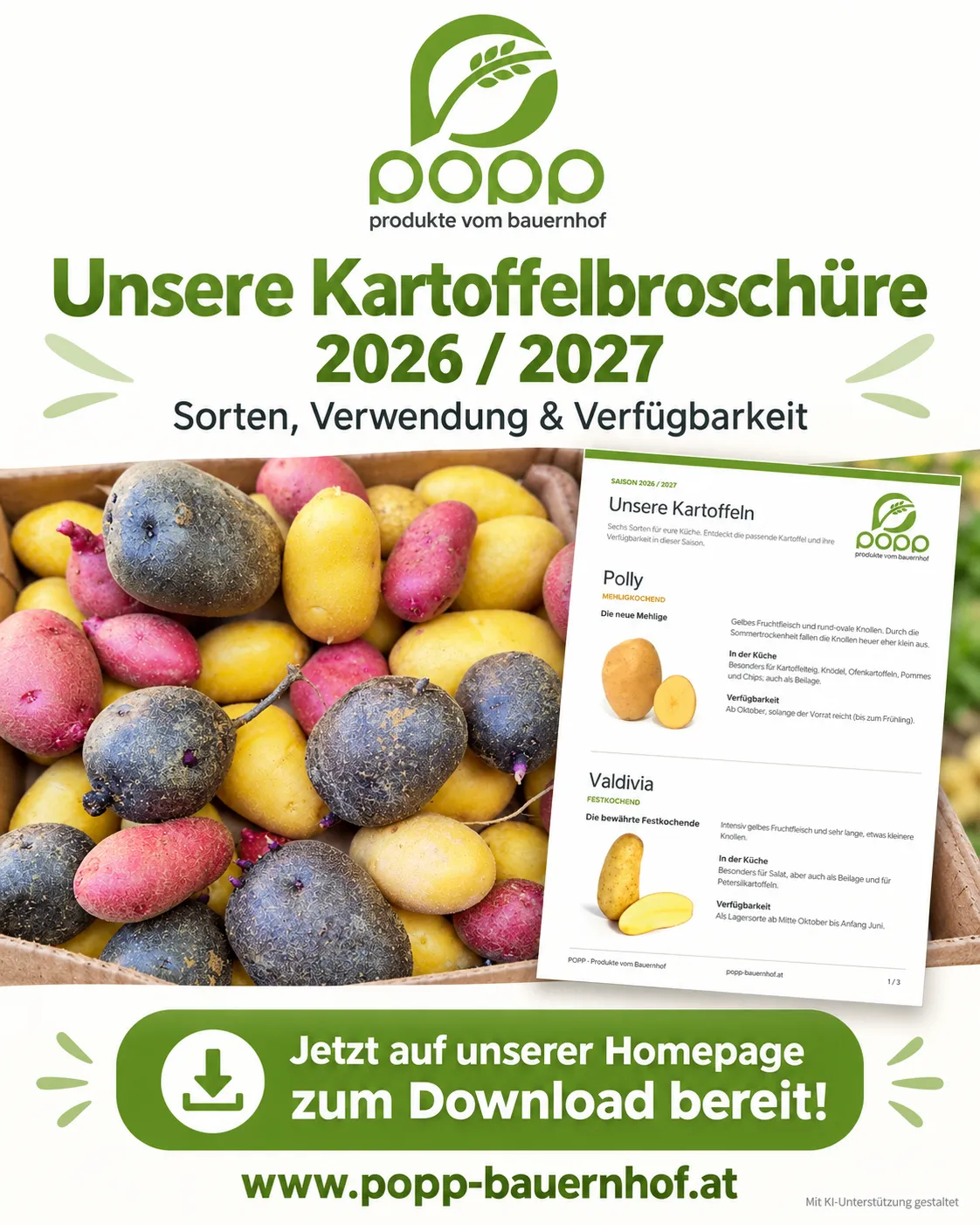 Ein Plakat mit einer Schachtel Kartoffeln und einer Broschüre mit dem Titel 'Unsere Kartoffelbroschüre 2026/2027'.
