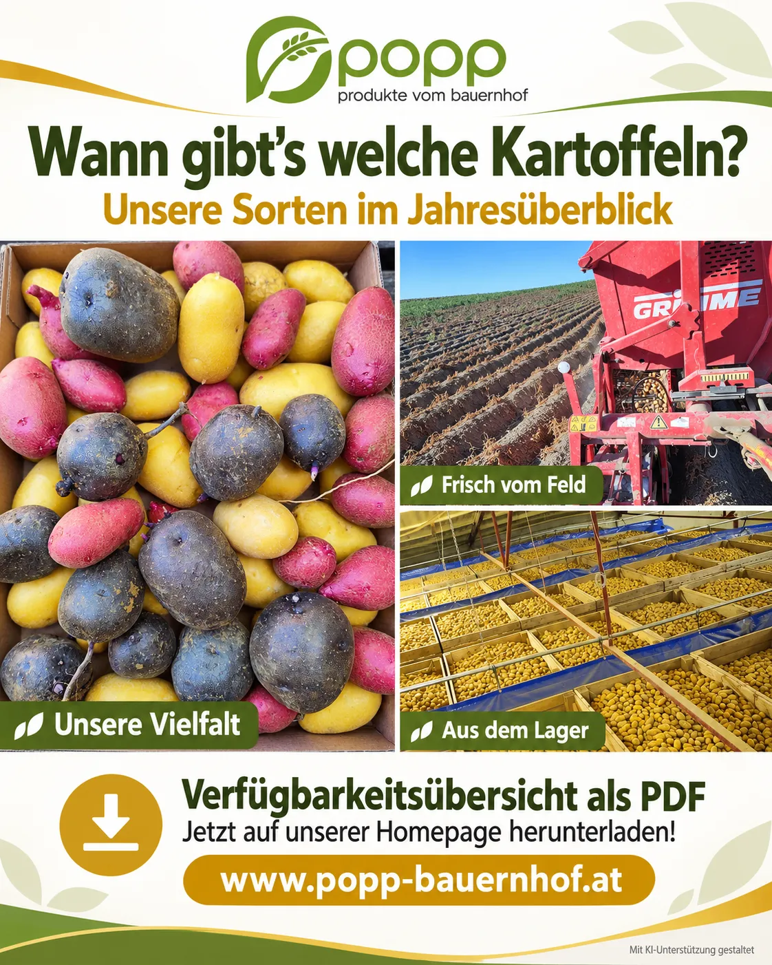 Ein Werbeposter für Popp Produkte vom Bauernhof, das eine Box mit verschiedenen Kartoffeln und Bilder von Kartoffelfarmgeräten zeigt.