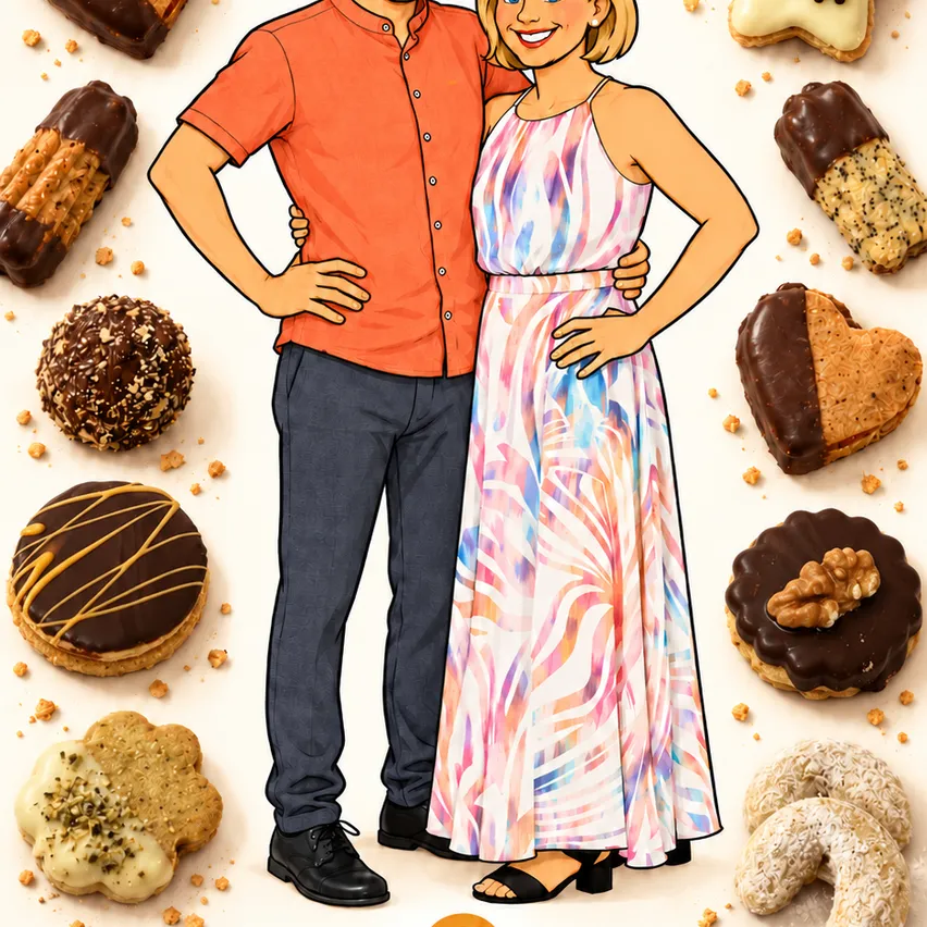 Eine Illustration eines Paares, das zusammensteht und verschiedene Kekse um sich herum hat. Der Mann trägt ein orangefarbenes Hemd und die Frau trägt ein rosa Kleid.
