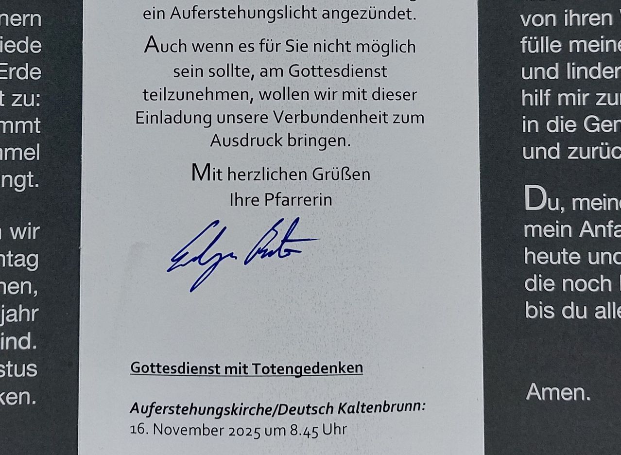 An invitation to a memorial service at Auferstehungskirche/Deutsch Kaltenbrunn on November 16, 2025 at 8:45 PM. The service is for remembering the departed. Signed by Edgar.