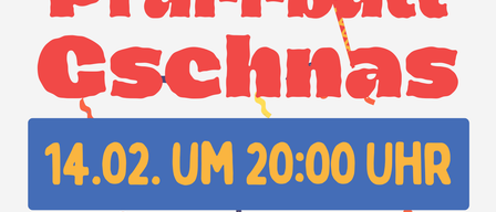 Plakat für Pfarrball Gschnas-Veranstaltung am 14. Februar um 20:00 im Pfarrheim Maria Raisenmarkt. Zeigt eine blaue Maske und bunte Konfetti.